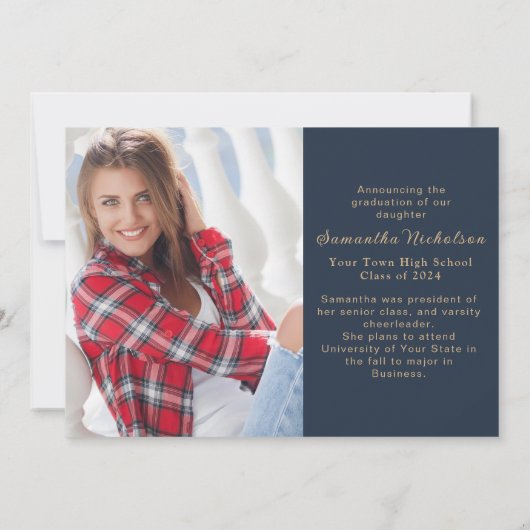 Navy Blue Gold Glitter Klasse van 2024 Afstuderen (Achterkant)