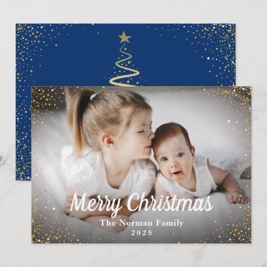 Navy Blue Gold Glitter Merry-kerstfoto Feestdagenkaart (Voorkant / Achterkant)
