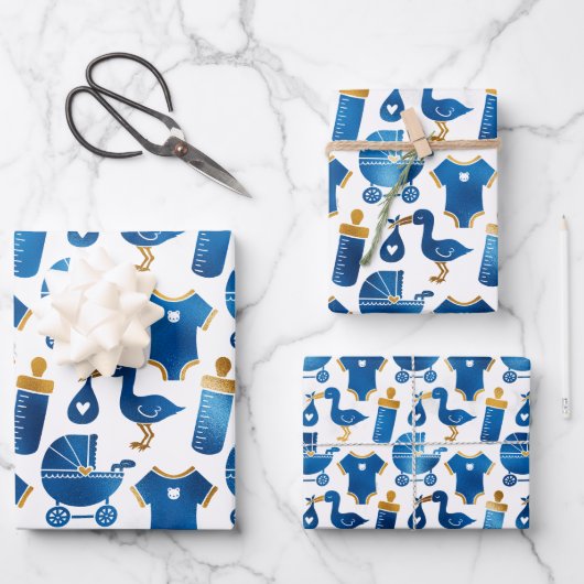Navy Blue Gold Glitter Nursery Pattern Gift Inpakpapier Vel (Voorkant)