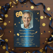 Navy Blue Gold Glitter Photo 60th Birthday Party Kaart