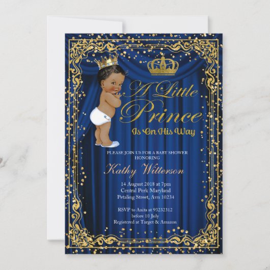 Navy Blue Gold Glitter Prince Baby shower uitnodig Kaart (Voorkant)