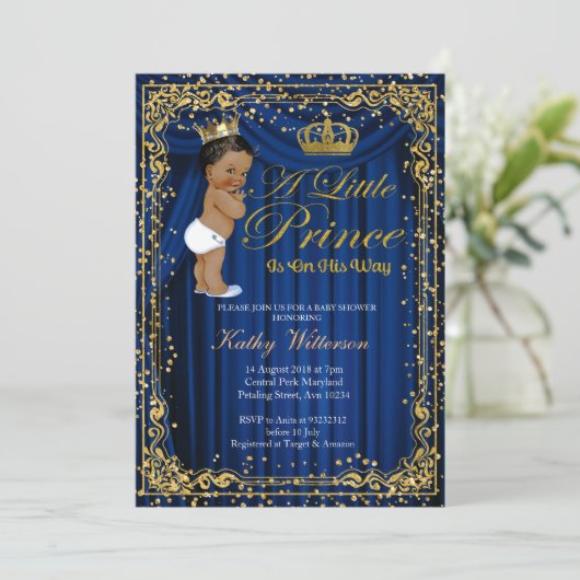 Navy Blue Gold Glitter Prince Baby shower uitnodig Kaart (Staand voorkant)