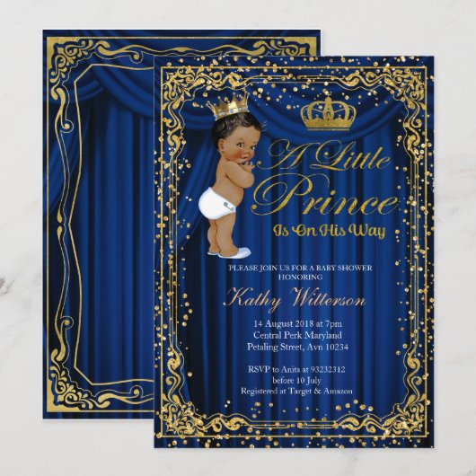 Navy Blue Gold Glitter Prince Baby shower uitnodig Kaart (Voorkant / Achterkant)