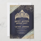 Navy Blue Gold Glitter Princess Tiara Sweet 16 Inv Kaart (Voorkant)
