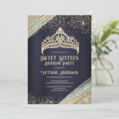 Navy Blue Gold Glitter Princess Tiara Sweet 16 Inv Kaart (Staand voorkant)