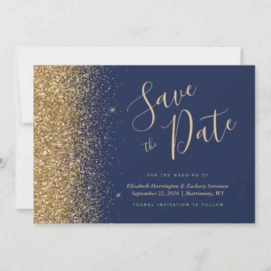 Navy Blue Gold Glitter Script Bewaar de datum Kaart (Voorkant)