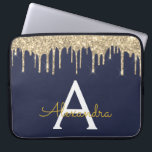 Navy Blue Gold Glitter Sparkle Monogram Laptop Sleeve<br><div class="desc">Navy Blue en Gold Faux Dripping Modern en Elegant Girly Glitter en Sparkle Elegant Monogram Hoesje. Dit hoesje kan worden aangepast om uw initiaal en voornaam op te nemen.</div>