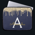 Navy Blue Gold Glitter Sparkle Monogram Laptop Sleeve<br><div class="desc">Navy Blue en Gold Faux Dripping Modern en Elegant Girly Glitter en Sparkle Elegant Monogram Hoesje. Dit hoesje kan worden aangepast om uw initiaal en voornaam op te nemen.</div>