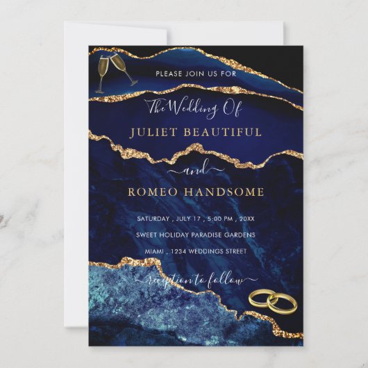 Navy Blue Gold Glitter Sparkly Wedding Invitation (Voorkant)