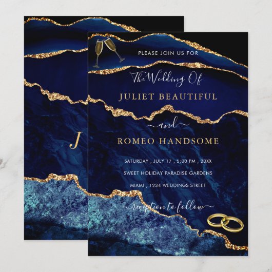 Navy Blue Gold Glitter Sparkly Wedding Invitation (Voorkant / Achterkant)