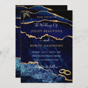 Navy Blue Gold Glitter Sparkly Wedding Invitation