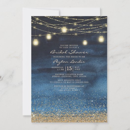 Navy Blue Gold Glitter String Light Vrijgezellenfe Kaart (Voorkant)