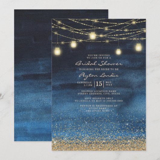 Navy Blue Gold Glitter String Light Vrijgezellenfe Kaart (Voorkant / Achterkant)