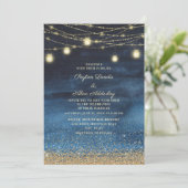 Navy Blue Gold Glitter String Light Wedding Kaart (Staand voorkant)