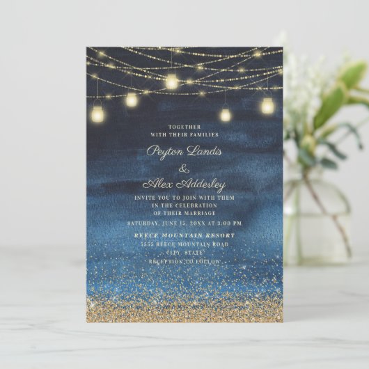 Navy Blue Gold Glitter String Light Wedding Kaart (Staand voorkant)