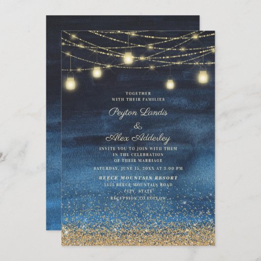 Navy Blue Gold Glitter String Light Wedding Kaart (Voorkant / Achterkant)