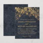 Navy Blue Gold Glitter String Light Wedding Kaart (Voorkant / Achterkant)