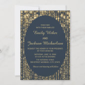Navy Blue Gold Glitter String Light Wedding Kaart (Voorkant)