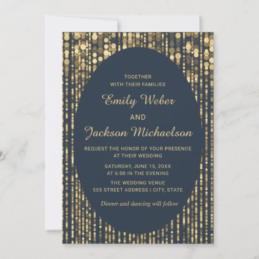 Navy Blue Gold Glitter String Light Wedding Kaart (Voorkant)