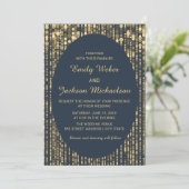 Navy Blue Gold Glitter String Light Wedding Kaart (Staand voorkant)
