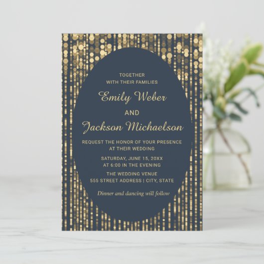 Navy Blue Gold Glitter String Light Wedding Kaart (Staand voorkant)