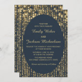 Navy Blue Gold Glitter String Light Wedding Kaart (Voorkant / Achterkant)