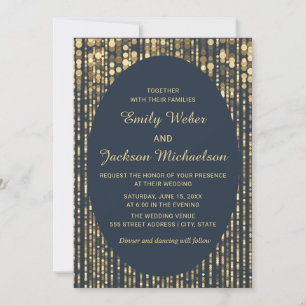 Navy Blue Gold Glitter String Light Wedding Kaart