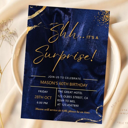 Navy Blue Gold Glitter Surprise 60e verjaardag Kaart