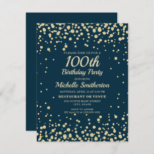 Navy Blue Gold Glitter Women 100th Birthday Kaart