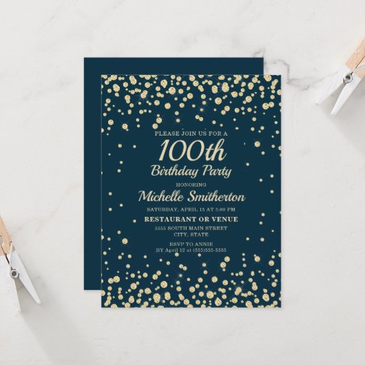 Navy Blue Gold Glitter Women 100th Birthday Kaart (Voorkant / Achterkant in situ)