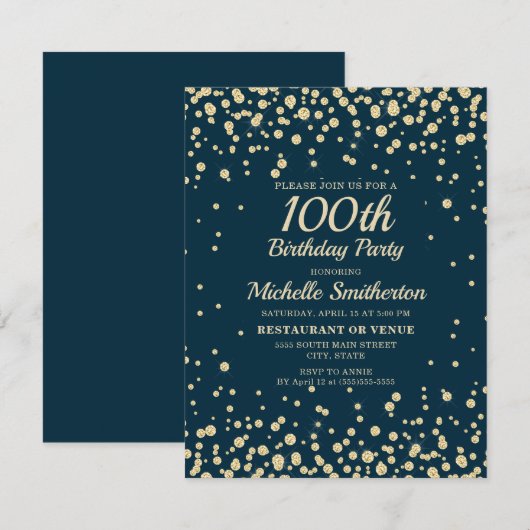 Navy Blue Gold Glitter Women 100th Birthday Kaart (Voorkant / Achterkant)