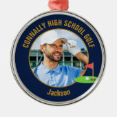 Navy Blue Gold Golfer Photo High School Golf Team Metalen Ornament (Voorkant)