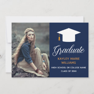 Navy Blue Gold Graduate Photo Modern Graduation Aankondiging