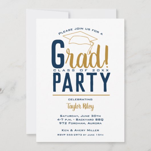 Navy Blue & Gold Graduation Party Kaart (Voorkant)