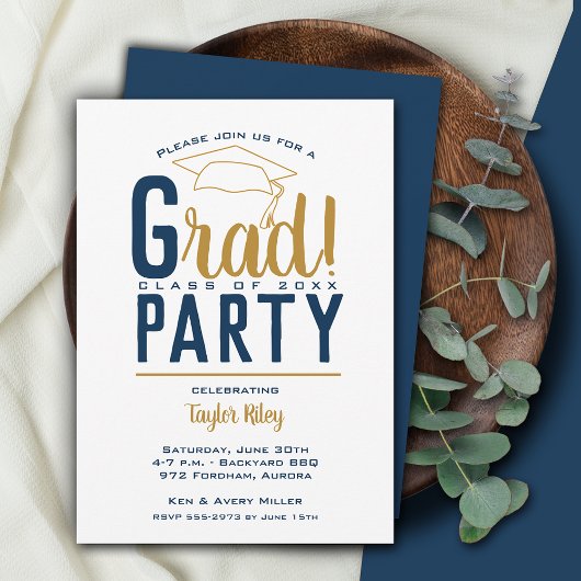 Navy Blue & Gold Graduation Party Kaart