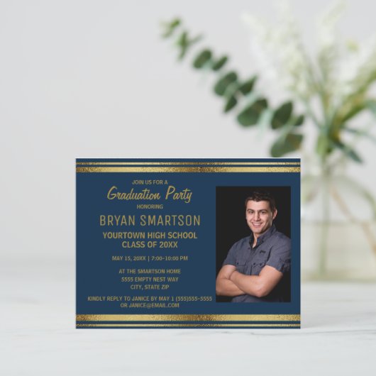 Navy Blue Gold Graduparty foto Briefkaart (Staand voorkant)