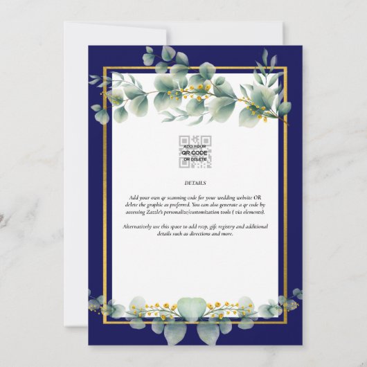 NAVY BLUE GOLD Greenery Eucalyptus VRIJGEZELLENFEE Kaart (Achterkant)