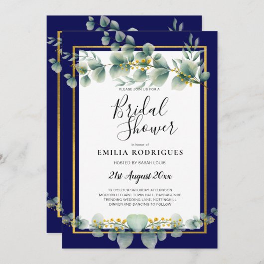 NAVY BLUE GOLD Greenery Eucalyptus VRIJGEZELLENFEE Kaart (Voorkant / Achterkant)