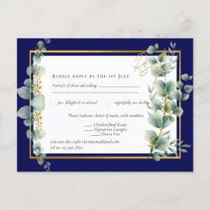 NAVY BLUE GOLD Greenery Eucalyptus Wedding RSVP Briefkaart