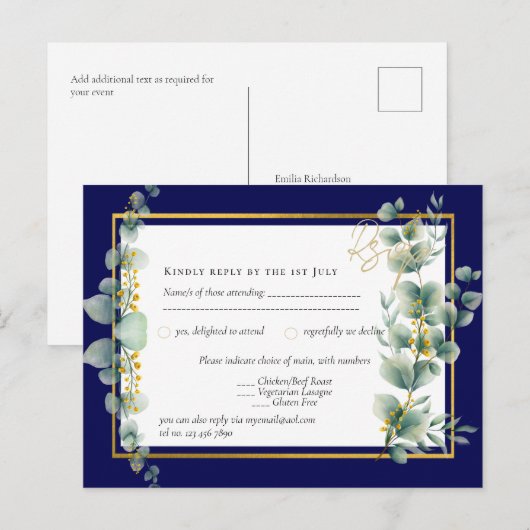 NAVY BLUE GOLD Greenery Eucalyptus Wedding RSVP Briefkaart (Voorkant / Achterkant)