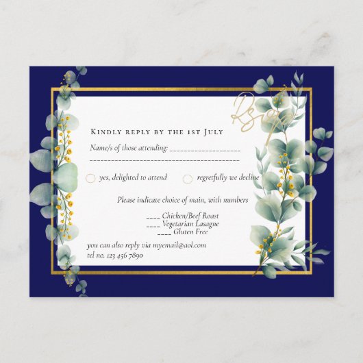 NAVY BLUE GOLD Greenery Eucalyptus Wedding RSVP Briefkaart (Voorkant)