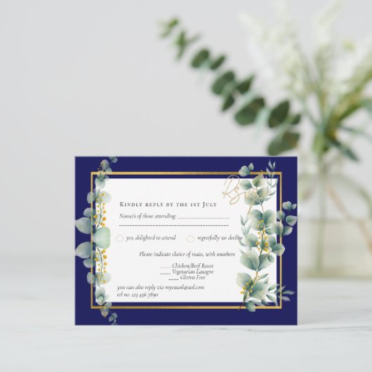 NAVY BLUE GOLD Greenery Eucalyptus Wedding RSVP Briefkaart (Staand voorkant)