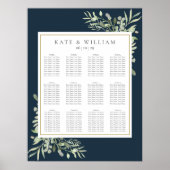 Navy Blue Gold Greenery Wedding Seating Chart Poster (Voorkant)