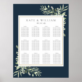 Navy Blue Gold Greenery Wedding Seating Chart Poster
