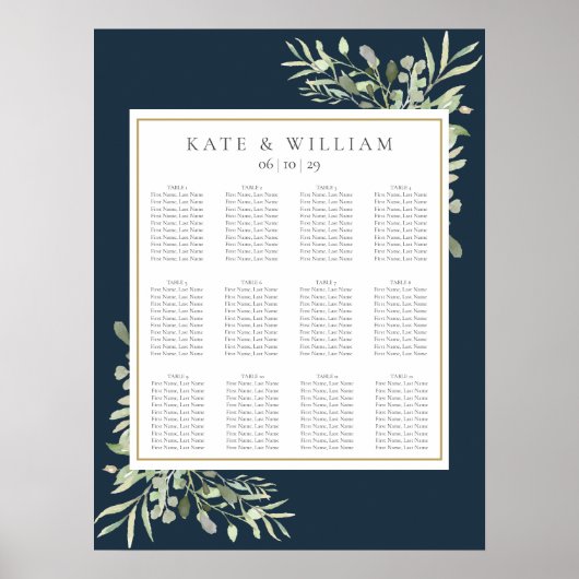 Navy Blue Gold Greenery Wedding Seating Chart Poster (Voorkant)