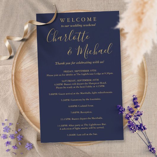 Navy Blue Gold Guest Wedding Weekend Programma