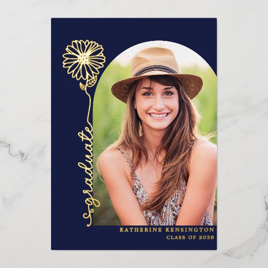 Navy Blue Gold Handwrited Photo Afstuderen Folie Uitnodiging (Voorkant)