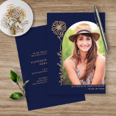 Navy Blue Gold Handwrited Photo Afstuderen Folie Uitnodiging