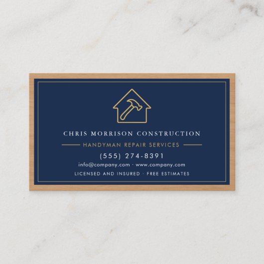 Navy Blue Gold Handyman Wood QR Code Construction Visitekaartje (Voorkant)