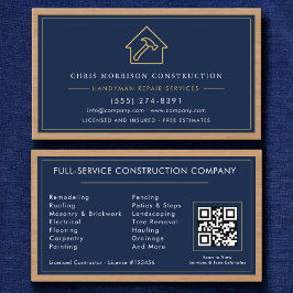 Navy Blue Gold Handyman Wood QR Code Construction Visitekaartje